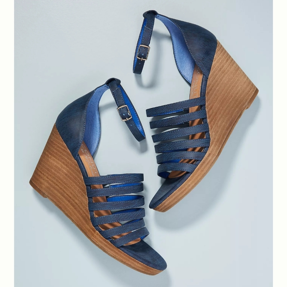 Anthropologie Navy Blue Strappy Leather Wedge Sandals